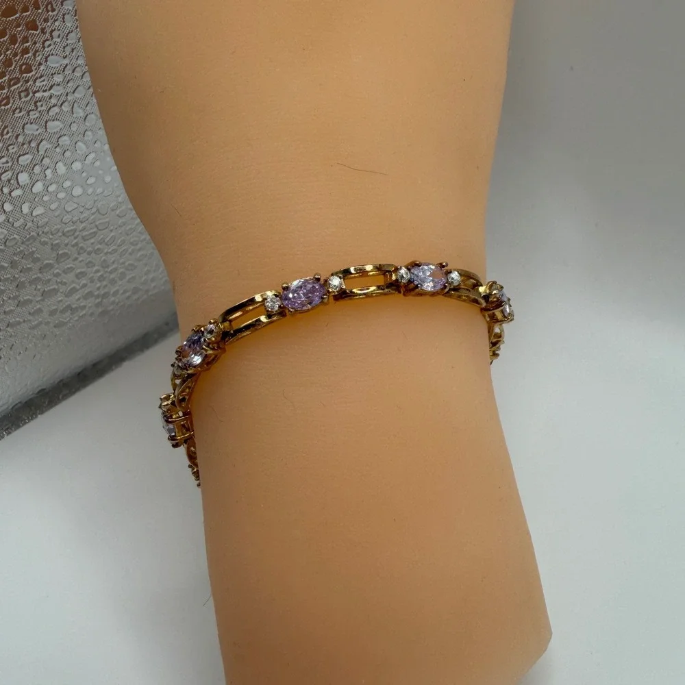 Gold Plated Sterling Silver Lavender Cubic‎ Zirconia Tennis Bracelet